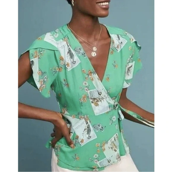 MEADOW RUE ANTHROPOLOGIE Bon Voyage Wrap Blouse Green Floral SS Boho - Picture 3 of 12